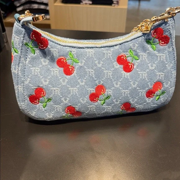 True Religion Light Blue Denim Mini Shoulder Bag with Red Cherry Embroidery - Picture 2 of 2